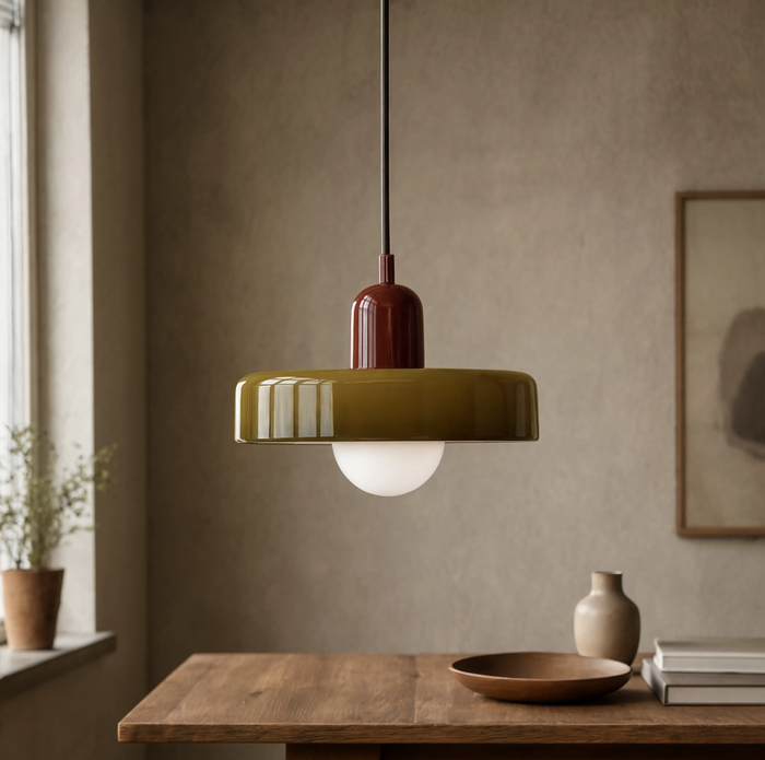 Suspension Bauhaus verre soufflé bicolore, éteinte, vue produit