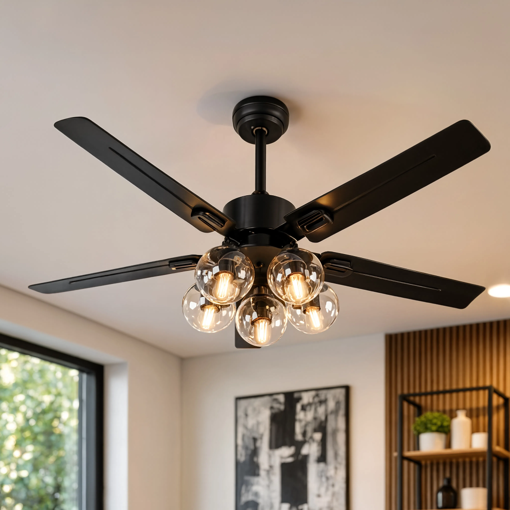 Ventilateur de Plafond Design Lustre 5 Globes en Verre Modèle Galaxie