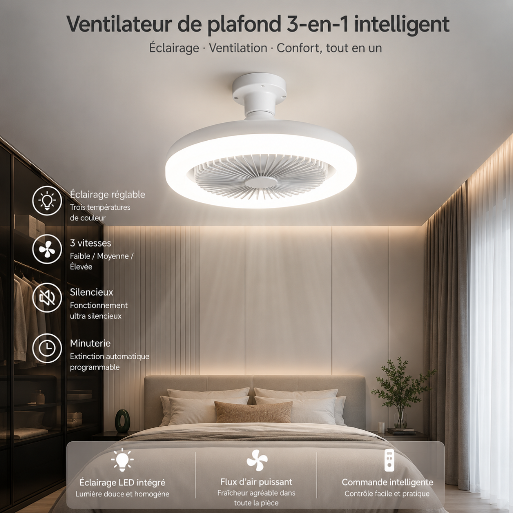 Ampoule Ventilateur de Plafond LED Ultra-Silencieuse 3-en-1 — Modèle Levanto