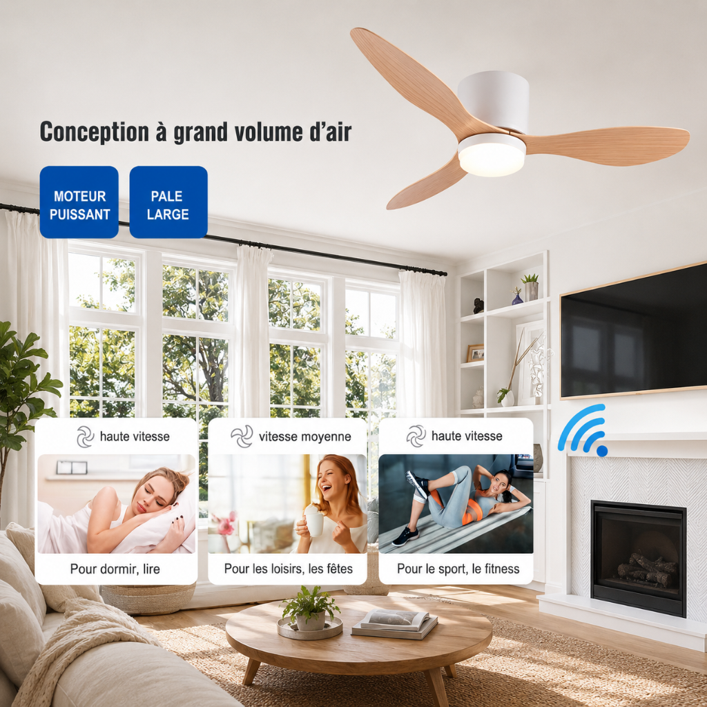 Ventilateur de Plafond Plafonnier Ultra-Silencieux avec LED - Modèle Vento