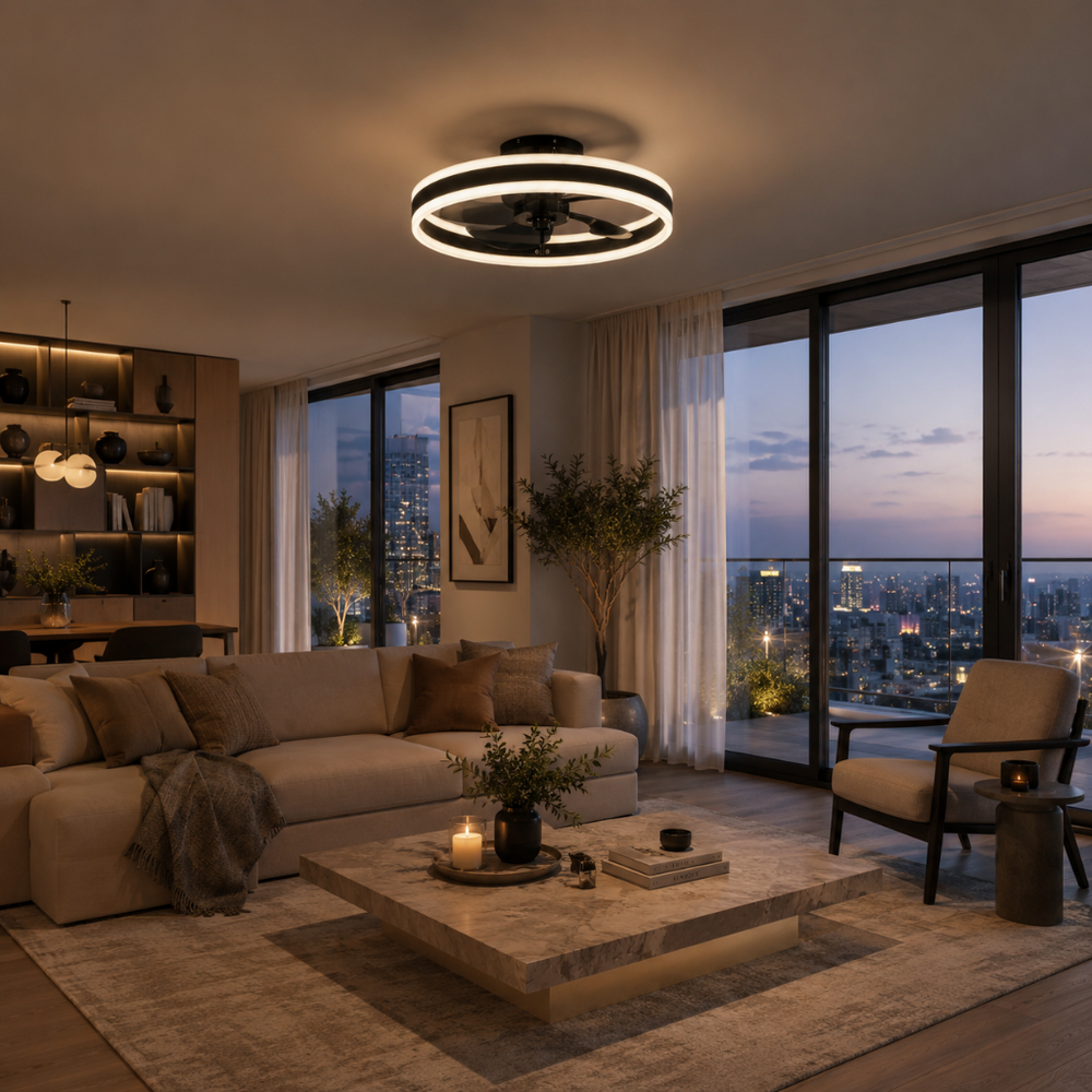 Plafonnier ventilateur Estelle ultra-slim LED, vue d'ambiance