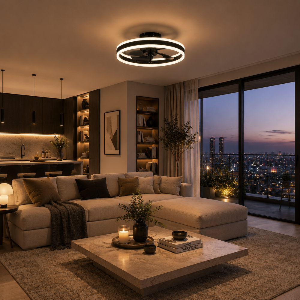 Plafonnier ventilateur Estelle ultra-slim LED, vue en intérieur