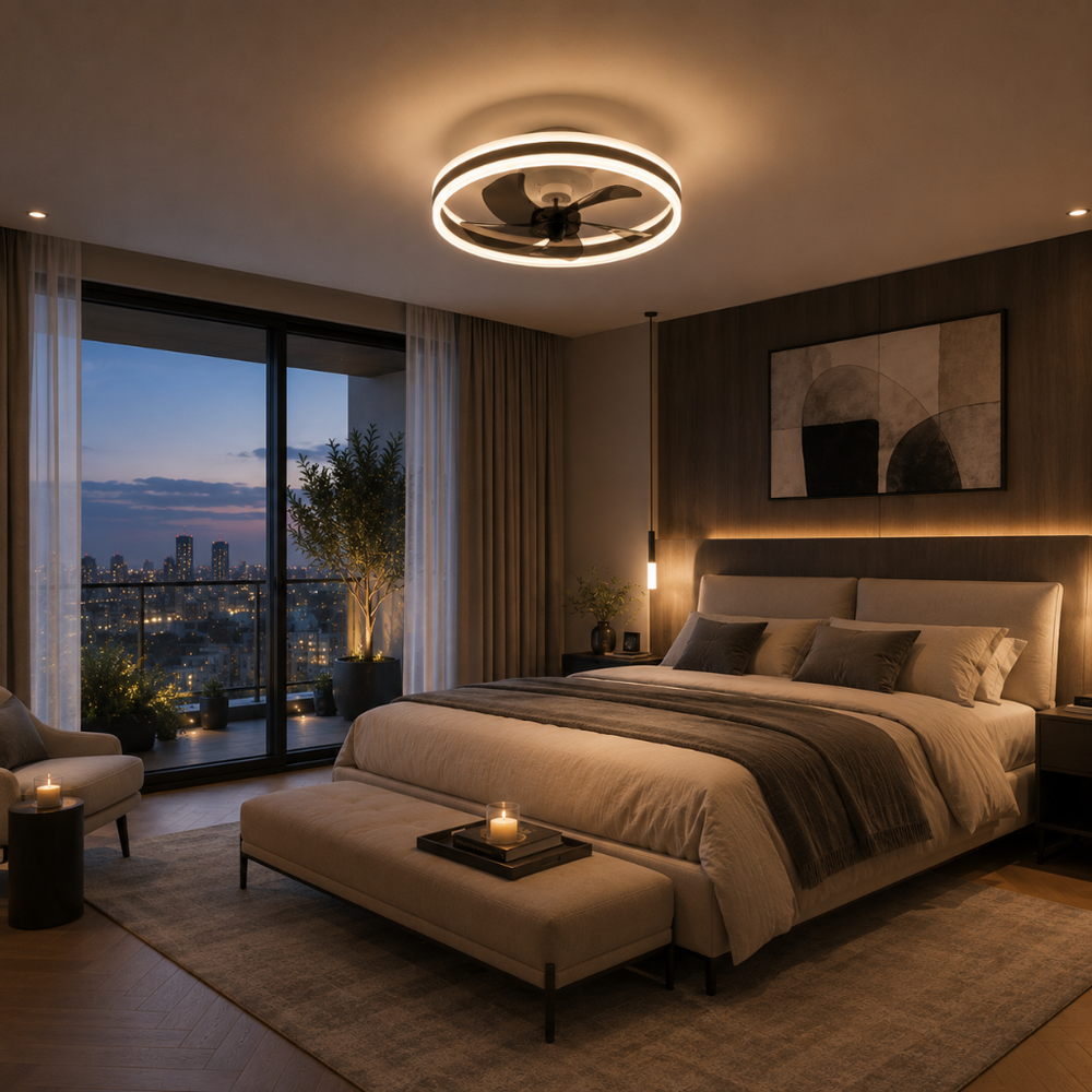 Plafonnier ventilateur Estelle ultra-slim LED, installé au plafond