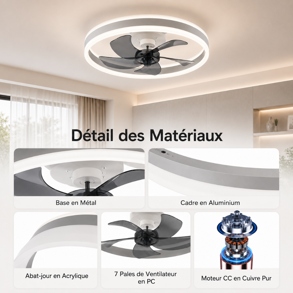Plafonnier Ventilateur de Plafond Ultra-Slim avec LED — Modèle Estelle