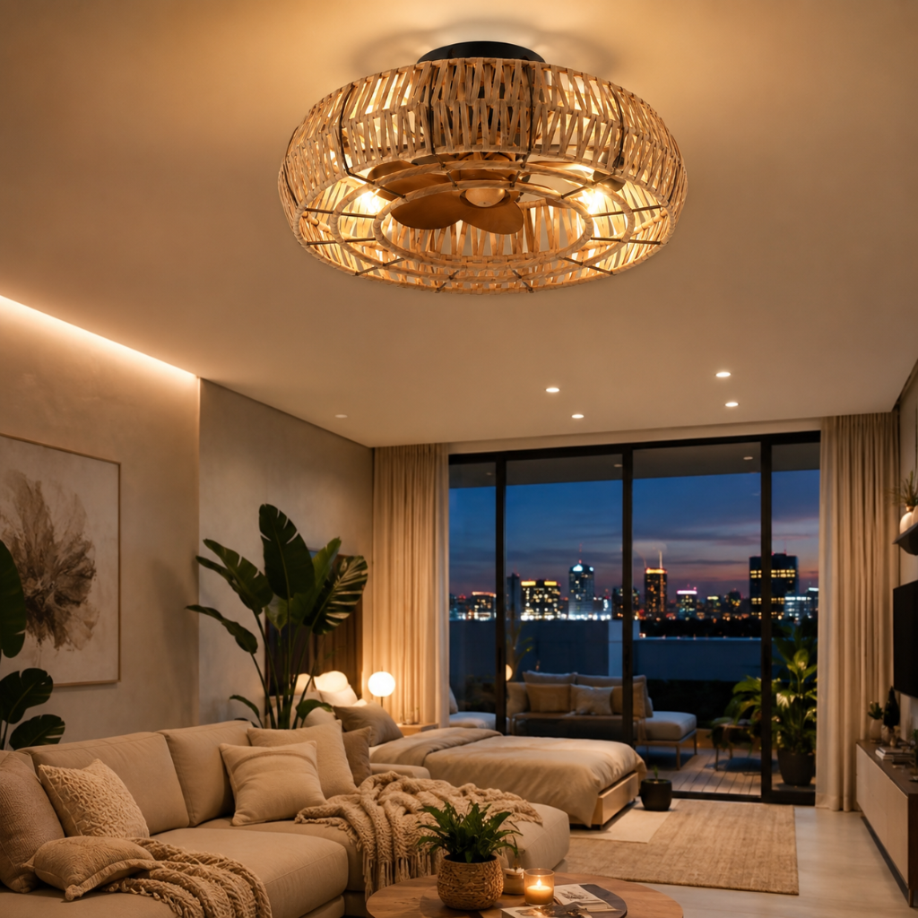 Plafonnier Ventilateur de Plafond Rétro en Corde de Chanvre — Modèle Riviera