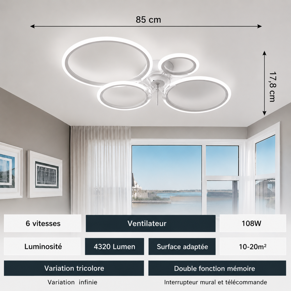 Ventilateur de plafond Meltem LED géométrique allumé