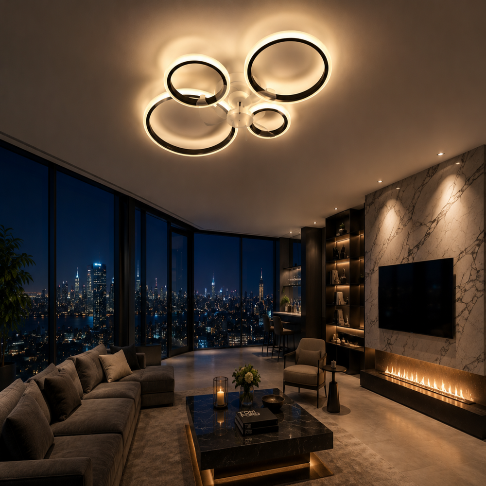 Ventilateur de plafond Meltem LED géométrique, vue en intérieur