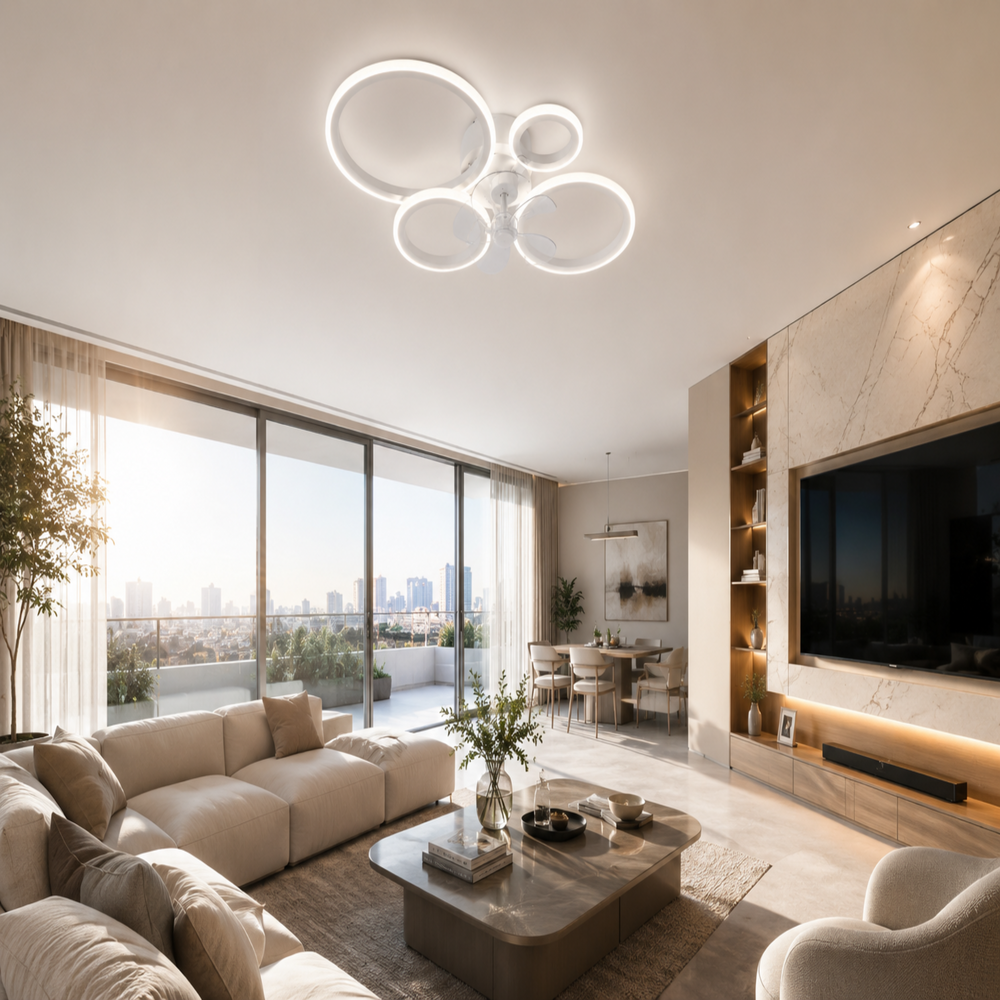 Ventilateur de plafond Meltem LED géométrique, vue d'ambiance