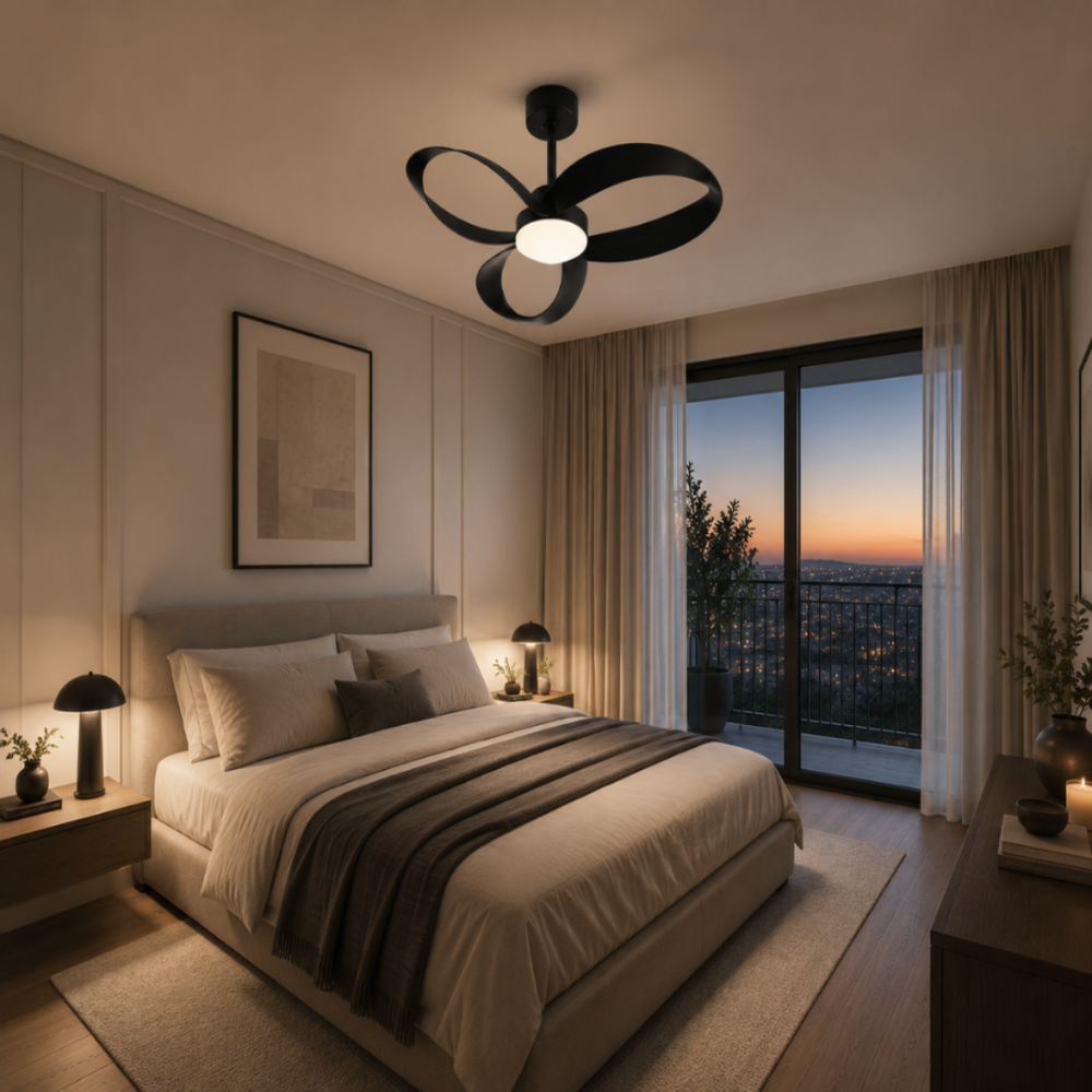 Ventilateur de plafond Sirocco, éclairage LED intégré allumé