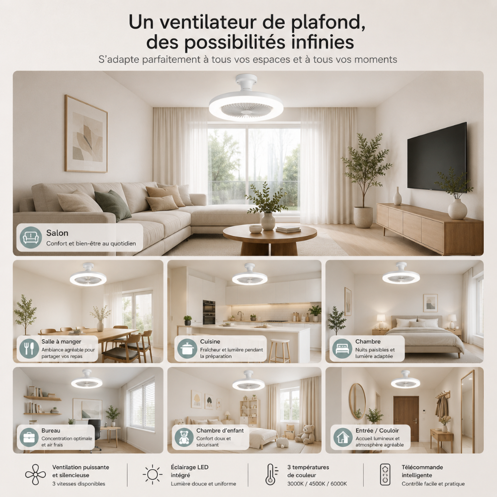 Ampoule Ventilateur de Plafond LED Ultra-Silencieuse 3-en-1 — Modèle Levanto