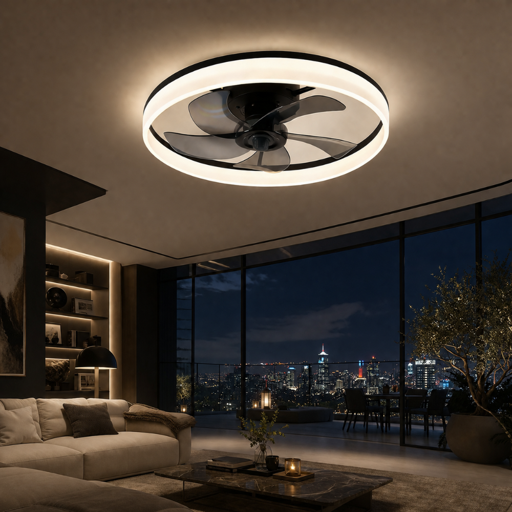 Ventilateur de plafond Foehn ultra-slim LED, vue rapprochée