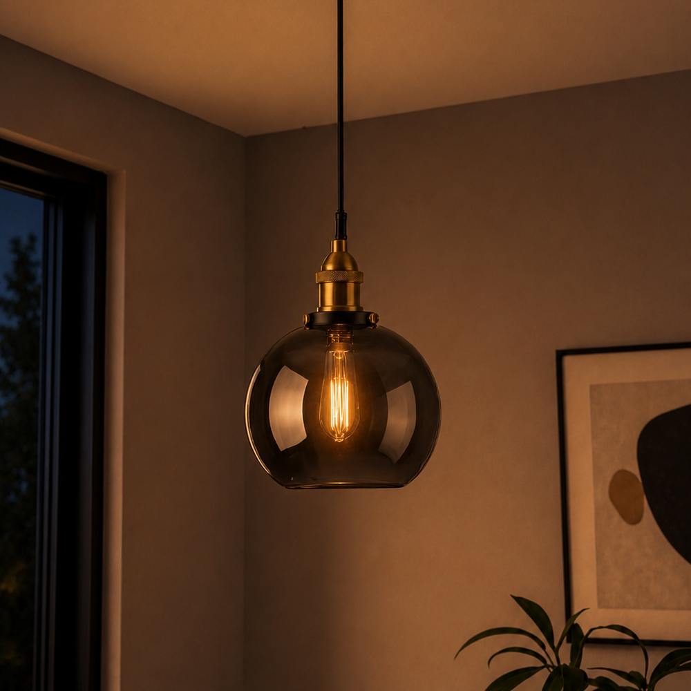 Suspension boule en verre fumé et laiton — visuel d'ambiance