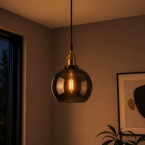 Suspension boule en verre fumé et laiton — visuel d'ambiance