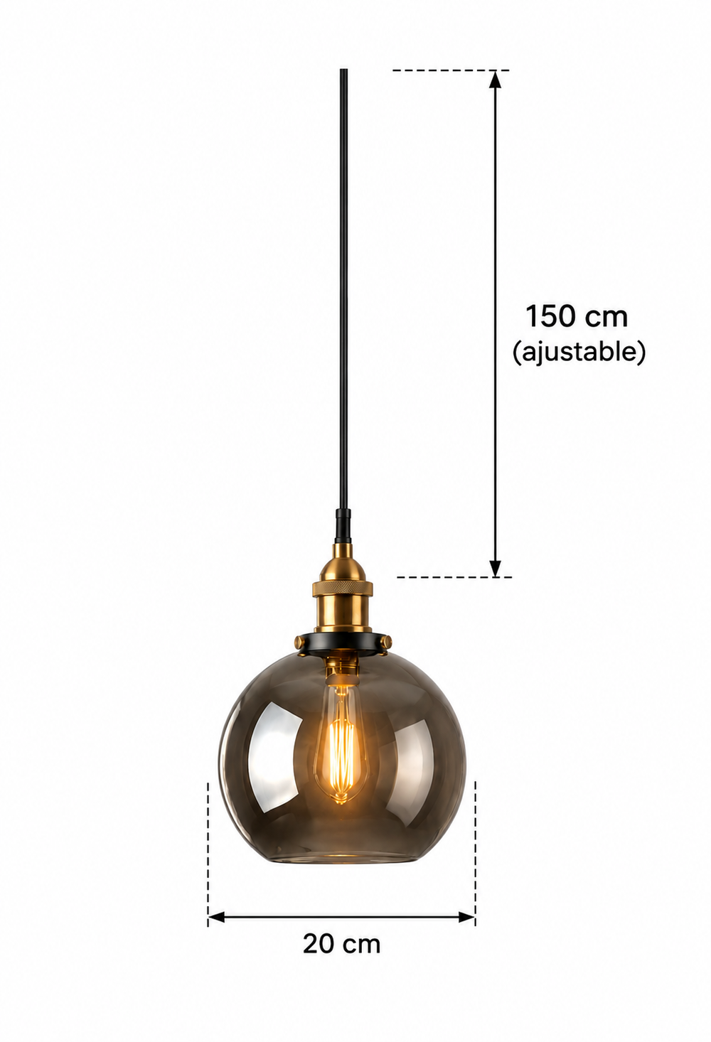 Suspension boule verre fumé et laiton en situation