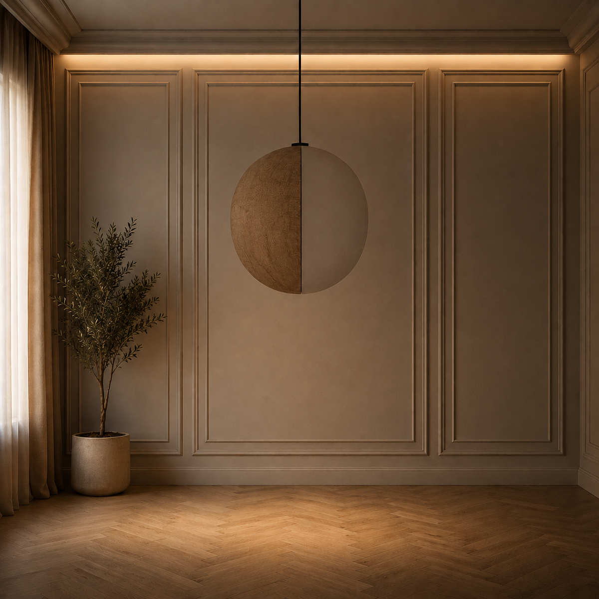 Grande suspension japonaise sculpturale, lanterne tissu beige
