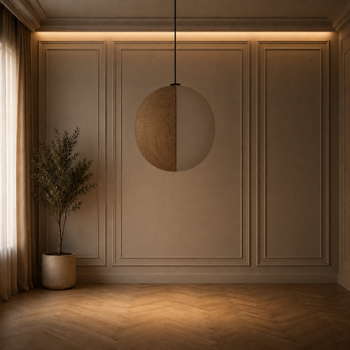 Grande suspension japonaise sculpturale, lanterne tissu beige