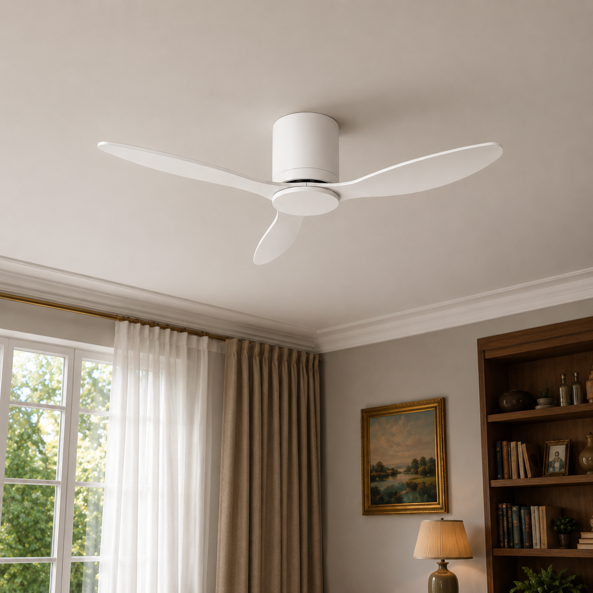 Ventilateur de plafond Axiolog bois naturel, vue en intérieur
