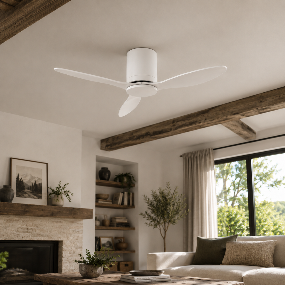 Ventilateur de plafond Axiolog bois naturel, installé au plafond