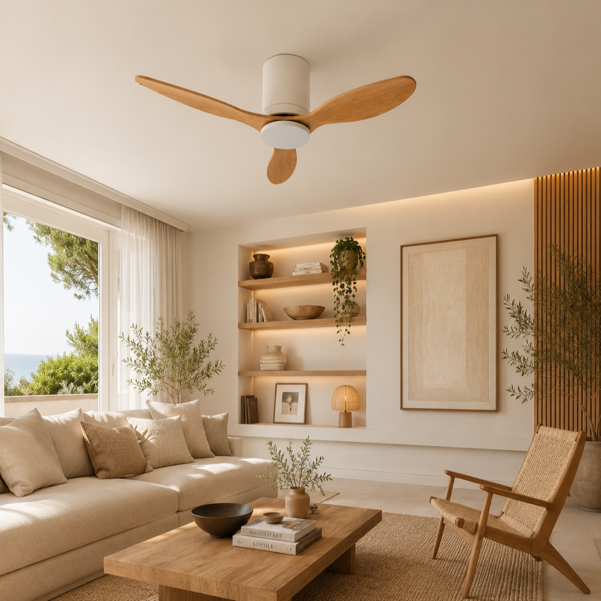 Ventilateur de plafond Axiolog bois naturel, vue d'ambiance