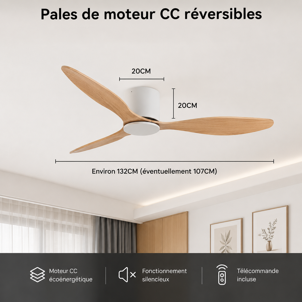 Ventilateur de plafond Axiolog bois naturel, vue d'ensemble