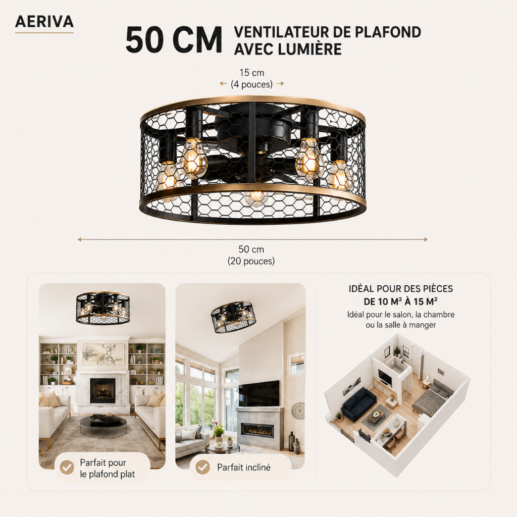 Ventilateur de Plafond Design Vintage & Cage Lumineuse - Modèle Mango