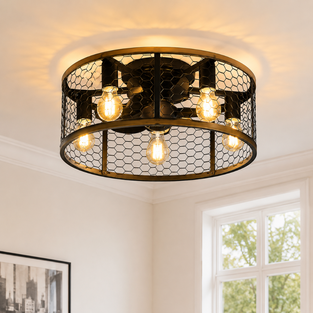 Ventilateur de Plafond Design Vintage & Cage Lumineuse - Modèle Mango