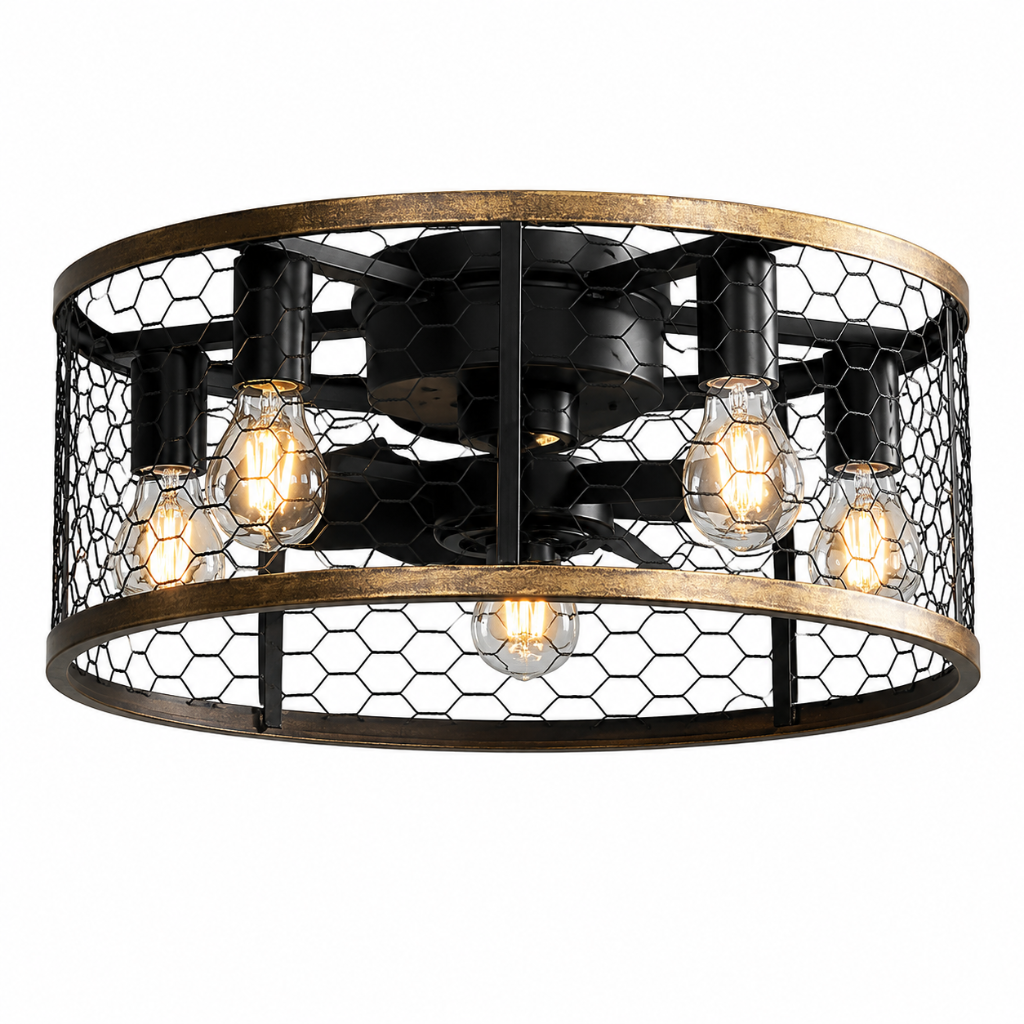 Ventilateur de Plafond Design Vintage & Cage Lumineuse - Modèle Mango