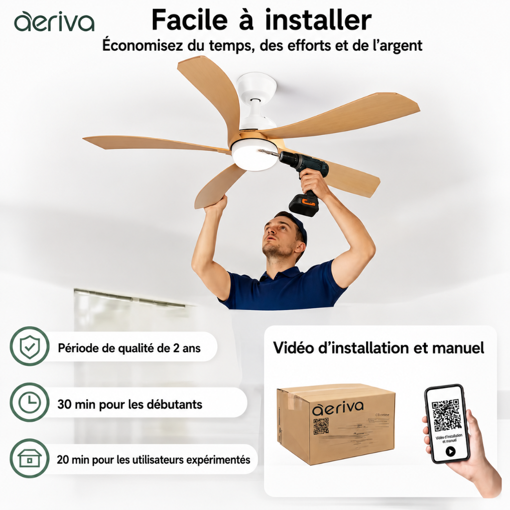 Ventilateur de Plafond Silencieux avec LED Intégrée – Modèle Éole