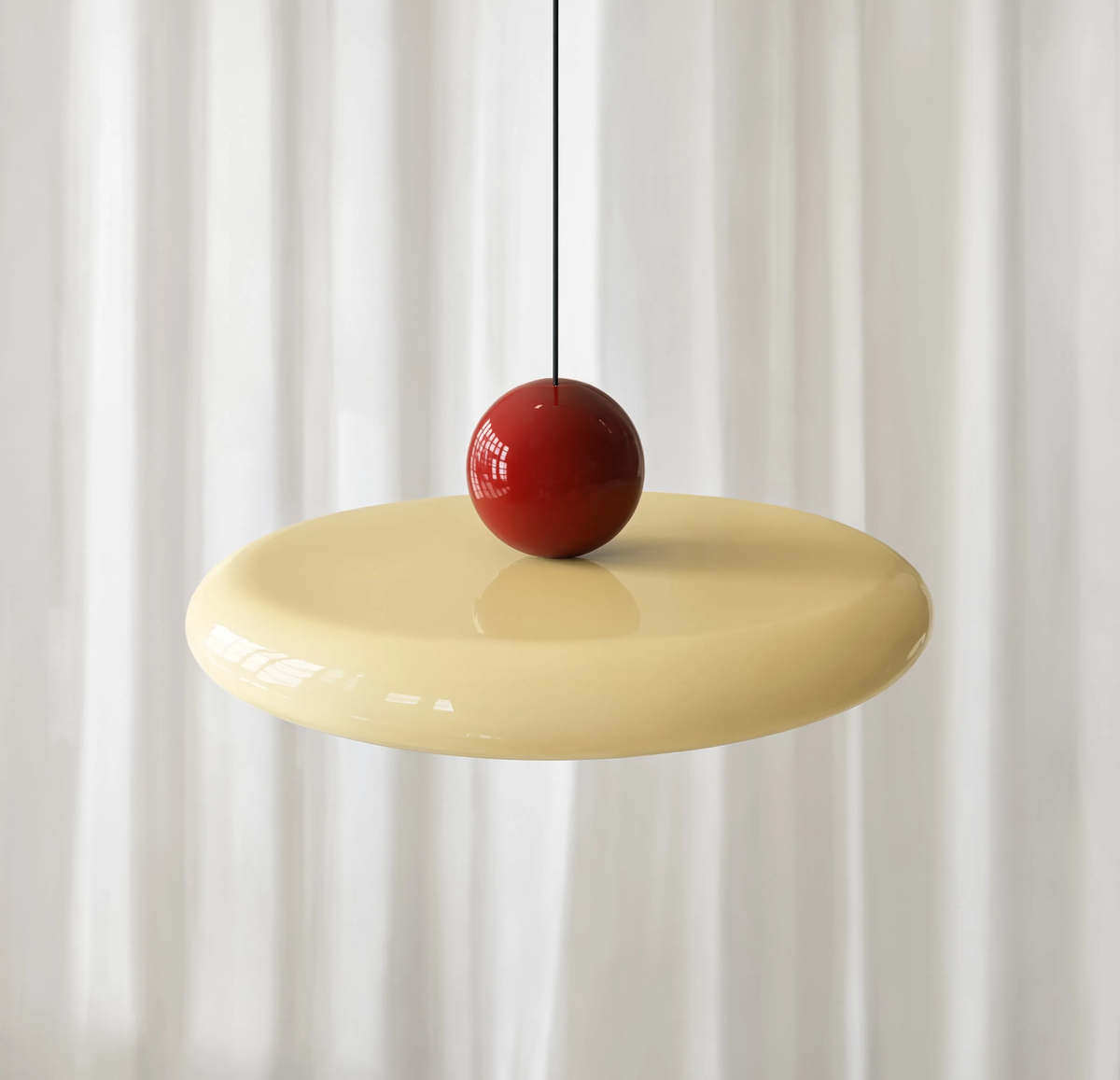 Suspension disque métal laqué et sphère, rendu produit