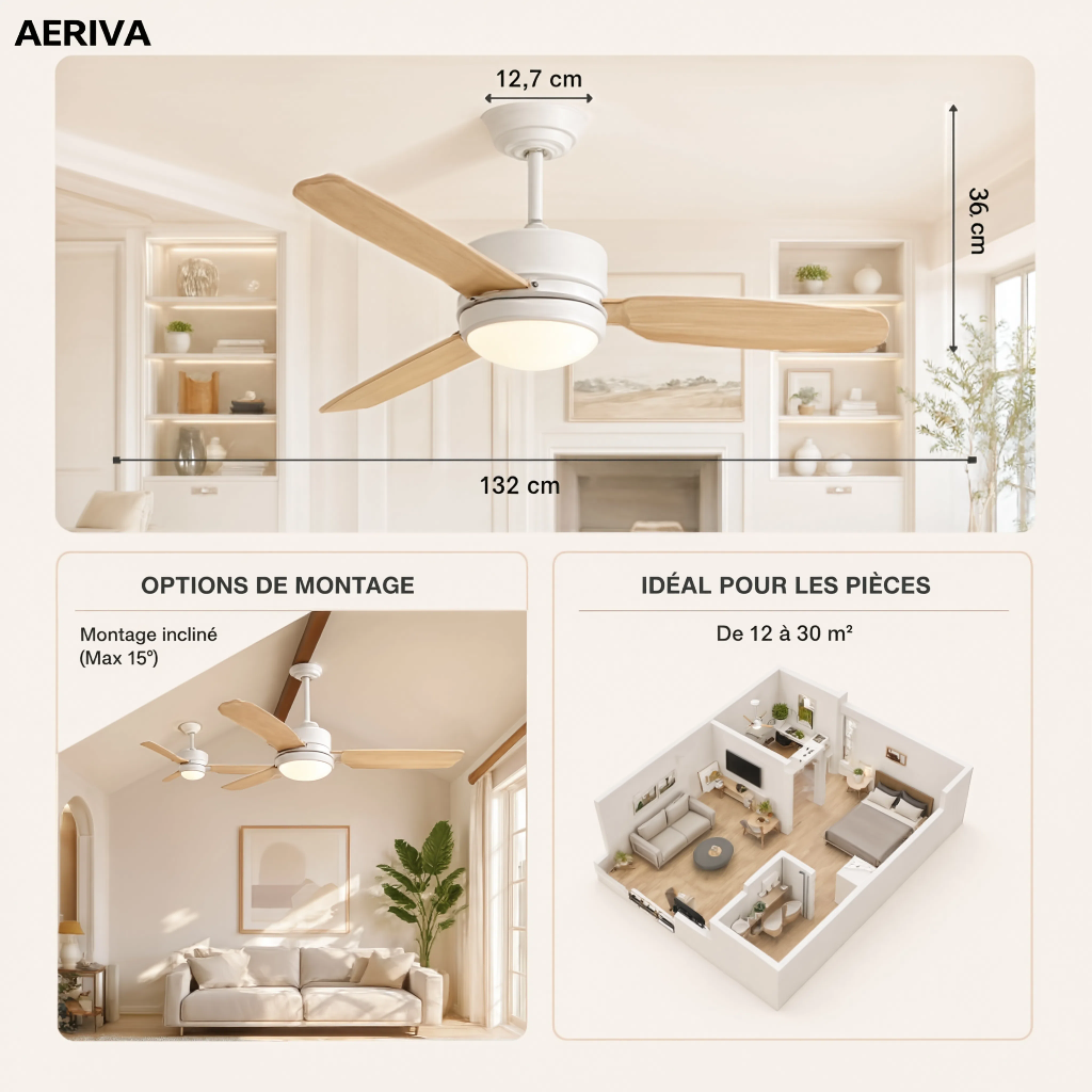 Ventilateur de Plafond Design avec Éclairage LED – Modèle Listo