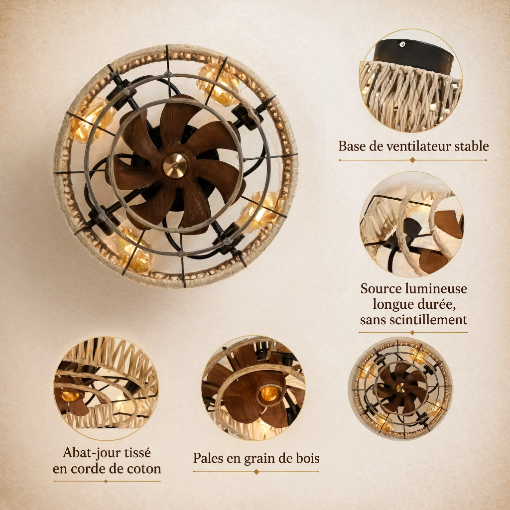 Plafonnier Ventilateur de Plafond Rétro en Corde de Chanvre — Modèle Riviera