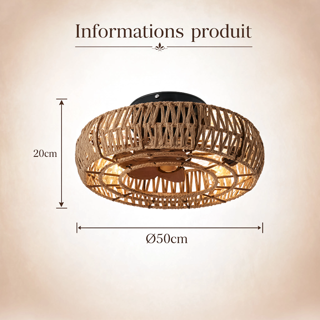 Plafonnier Ventilateur de Plafond Rétro en Corde de Chanvre — Modèle Riviera