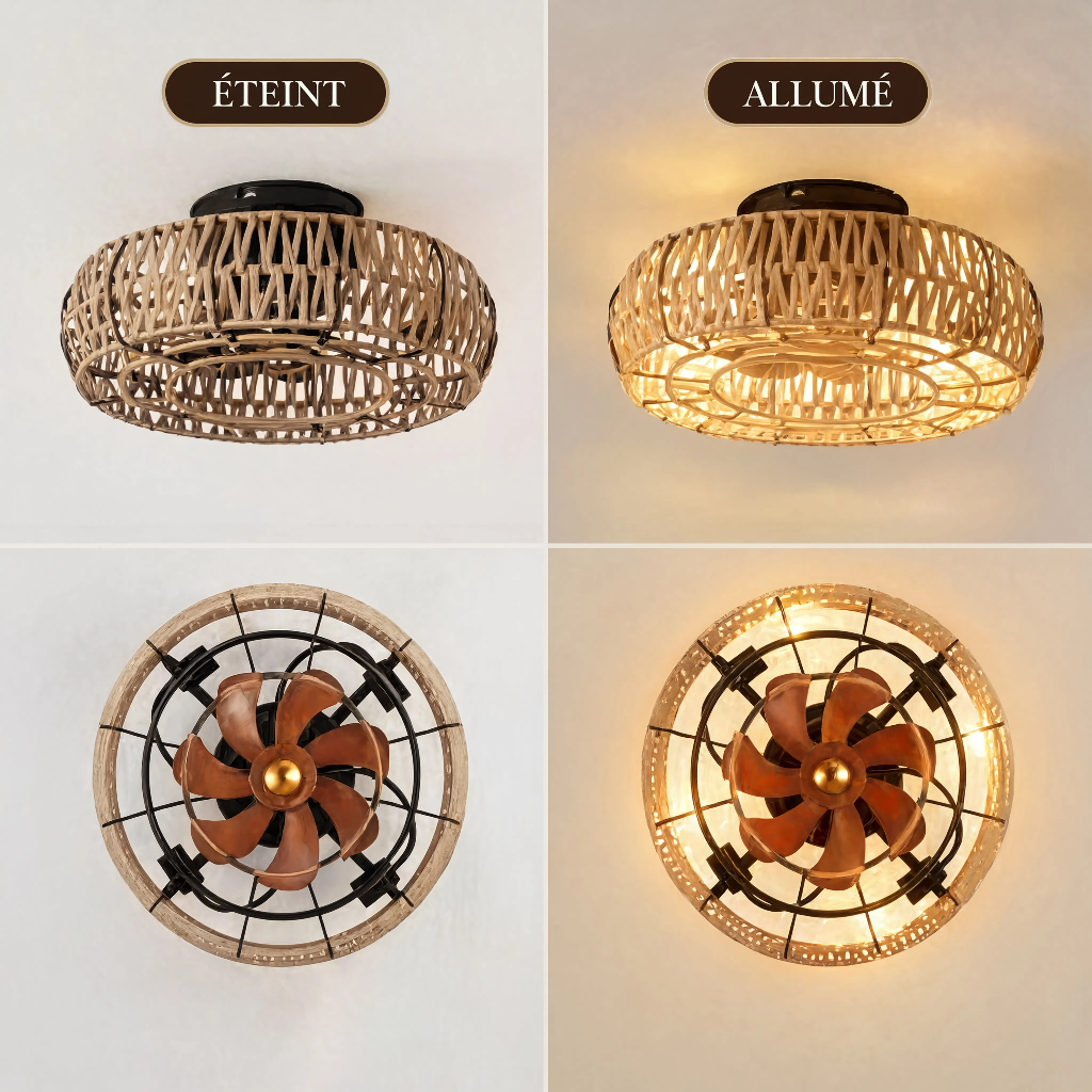 Plafonnier Ventilateur de Plafond Rétro en Corde de Chanvre — Modèle Riviera