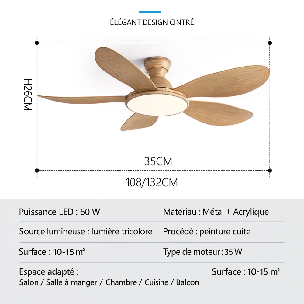 Ventilateur de Plafond Design en Bois Clair avec LED