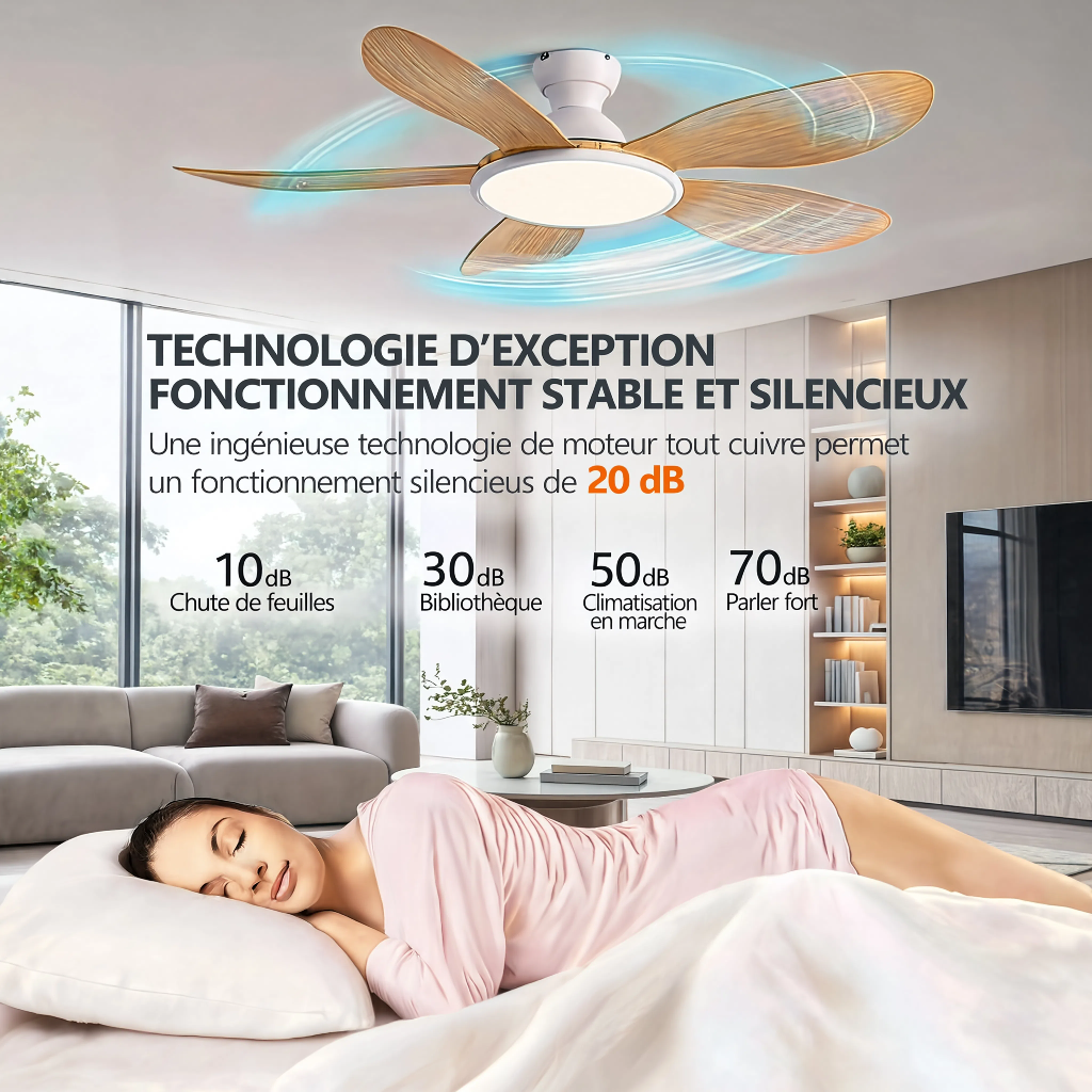 Ventilateur de Plafond Design en Bois Clair avec LED - Modèle Bora