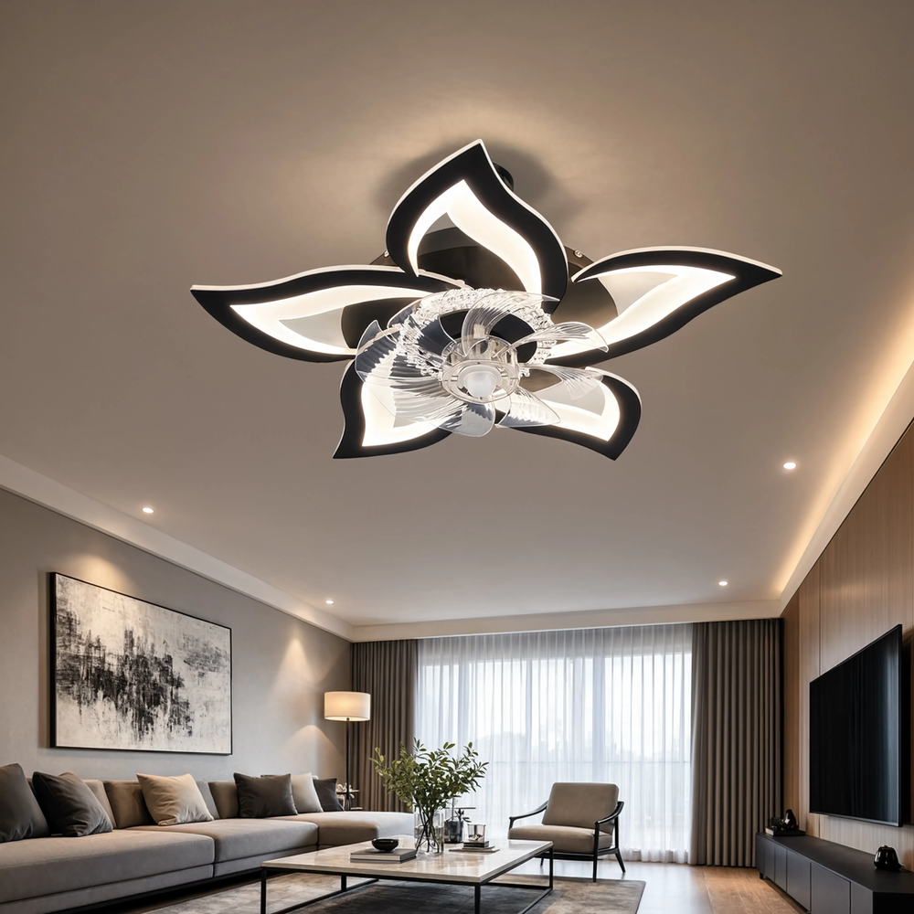 Ventilateur de plafond Zéphyr LED floral, allumé dans un salon