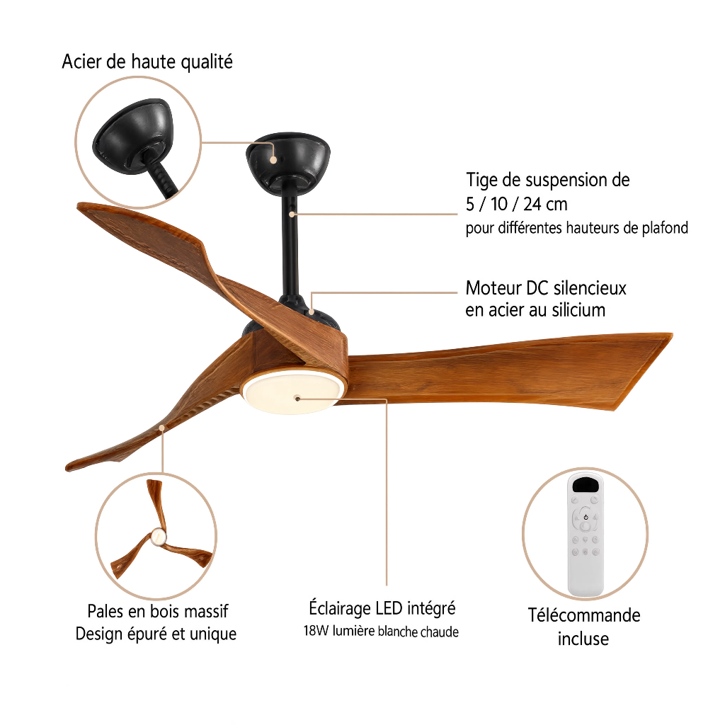 Ventilateur de Plafond Design en Bois Nordique - Modèle Cygne