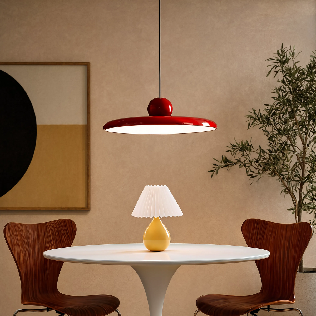 Suspension métal laqué rouge en situation, nouveau décor