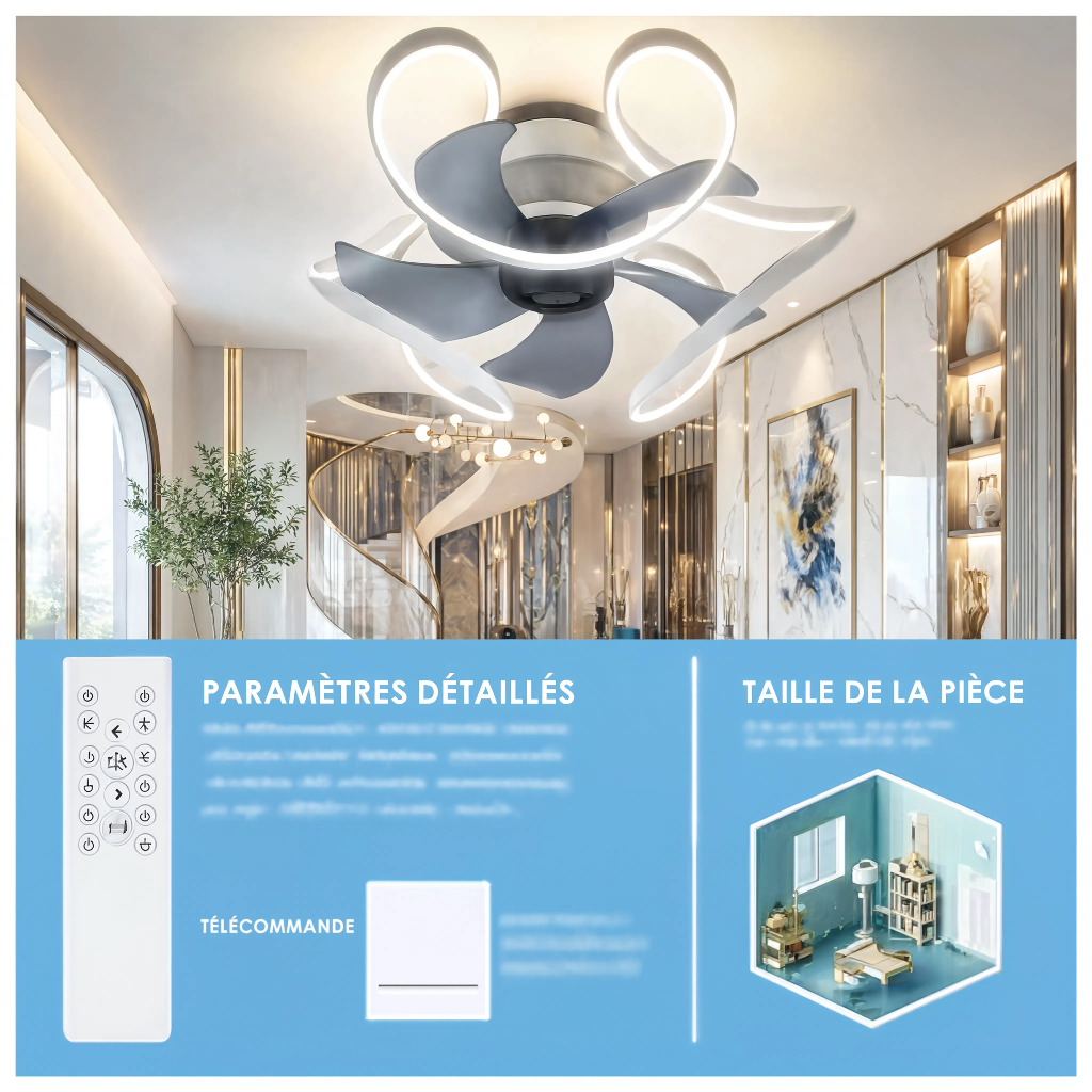 Ventilateur de Plafond Art Déco Sculptural avec LED - Modèle Harmattan