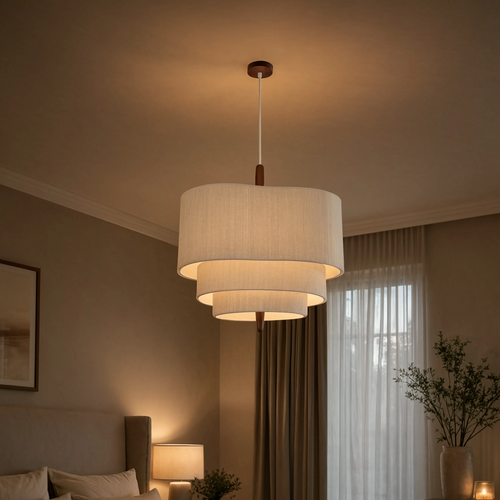 Suspension Japandi en tissu écru suspendue au-dessus d'un lit, ambiance chambre épurée