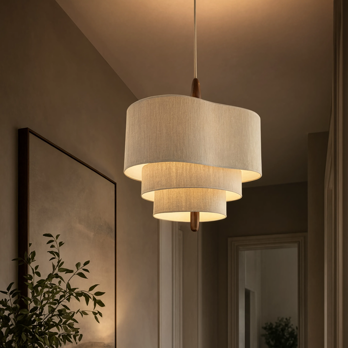Suspension Japandi tissu écru et bois dans une entrée au style sophistiqué