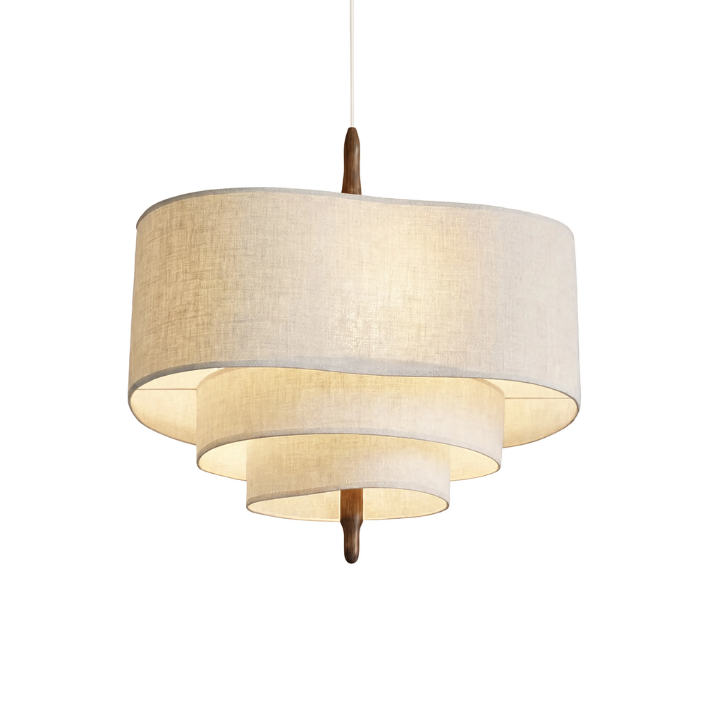 Suspension Japandi multicouche tissu écru et bois, vue produit sur fond blanc
