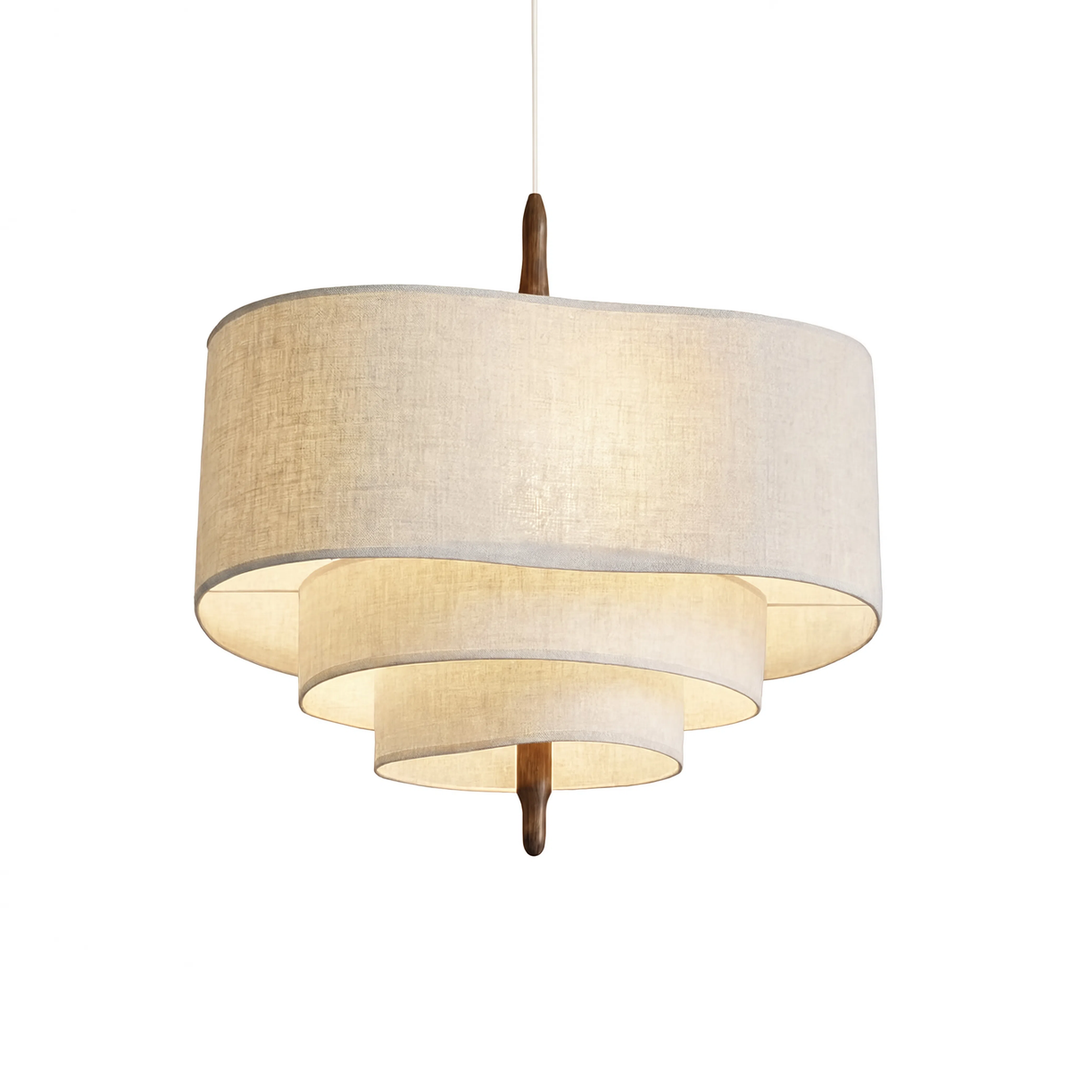 Suspension Japandi multicouche tissu écru et bois, vue produit sur fond blanc