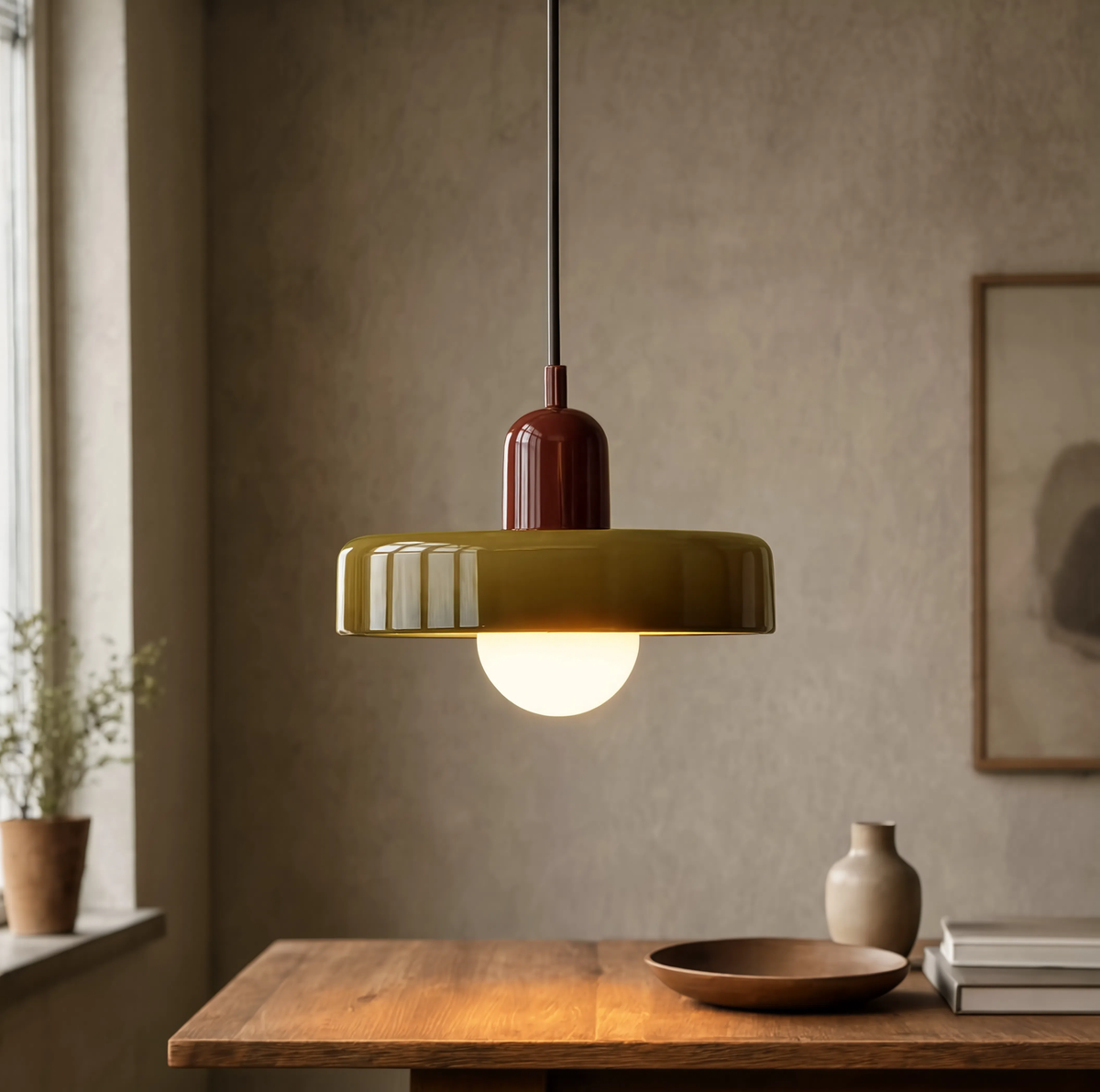 Suspension Bauhaus verre soufflé bicolore allumée, lumière chaude diffusée