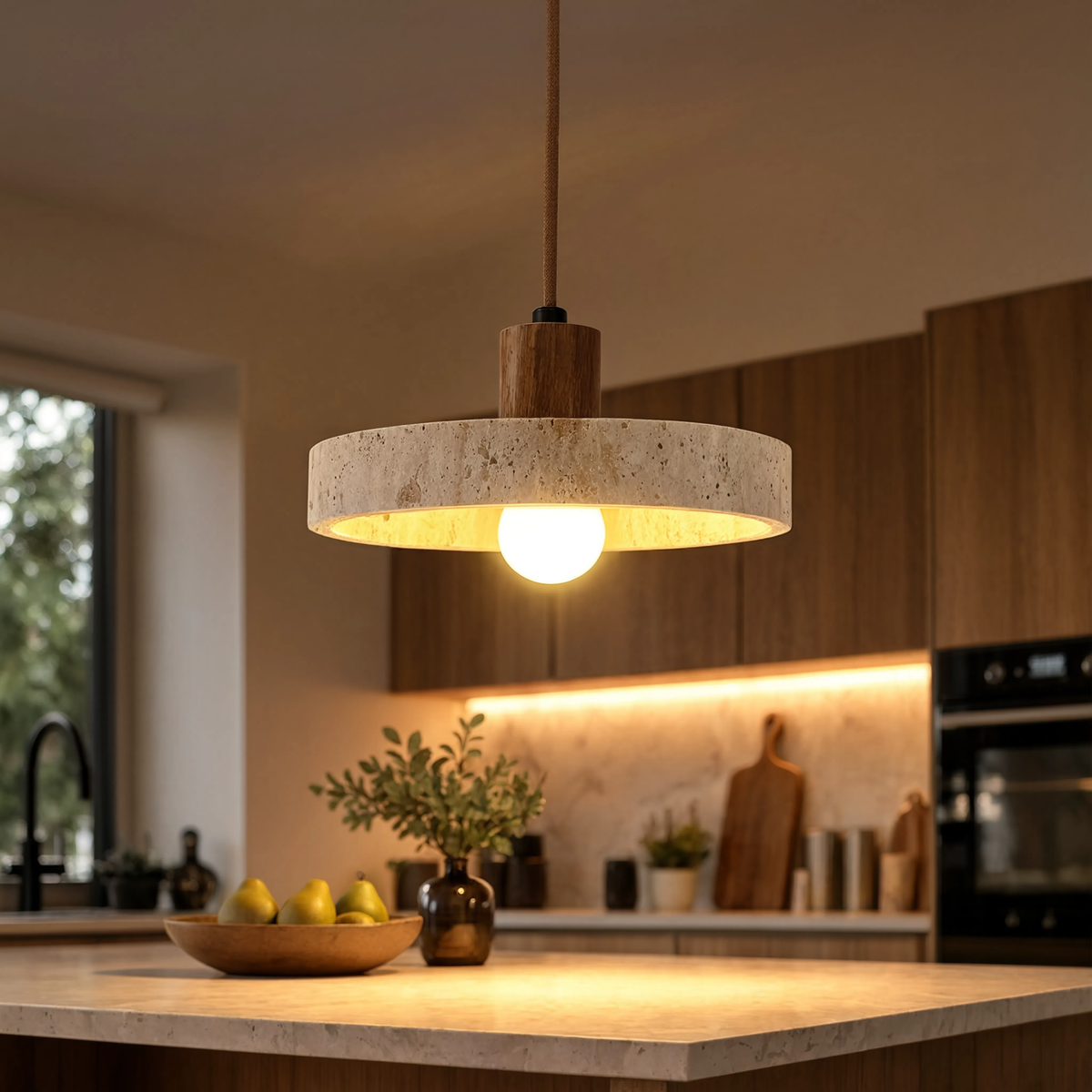 Suspension travertin jaune installée en cuisine