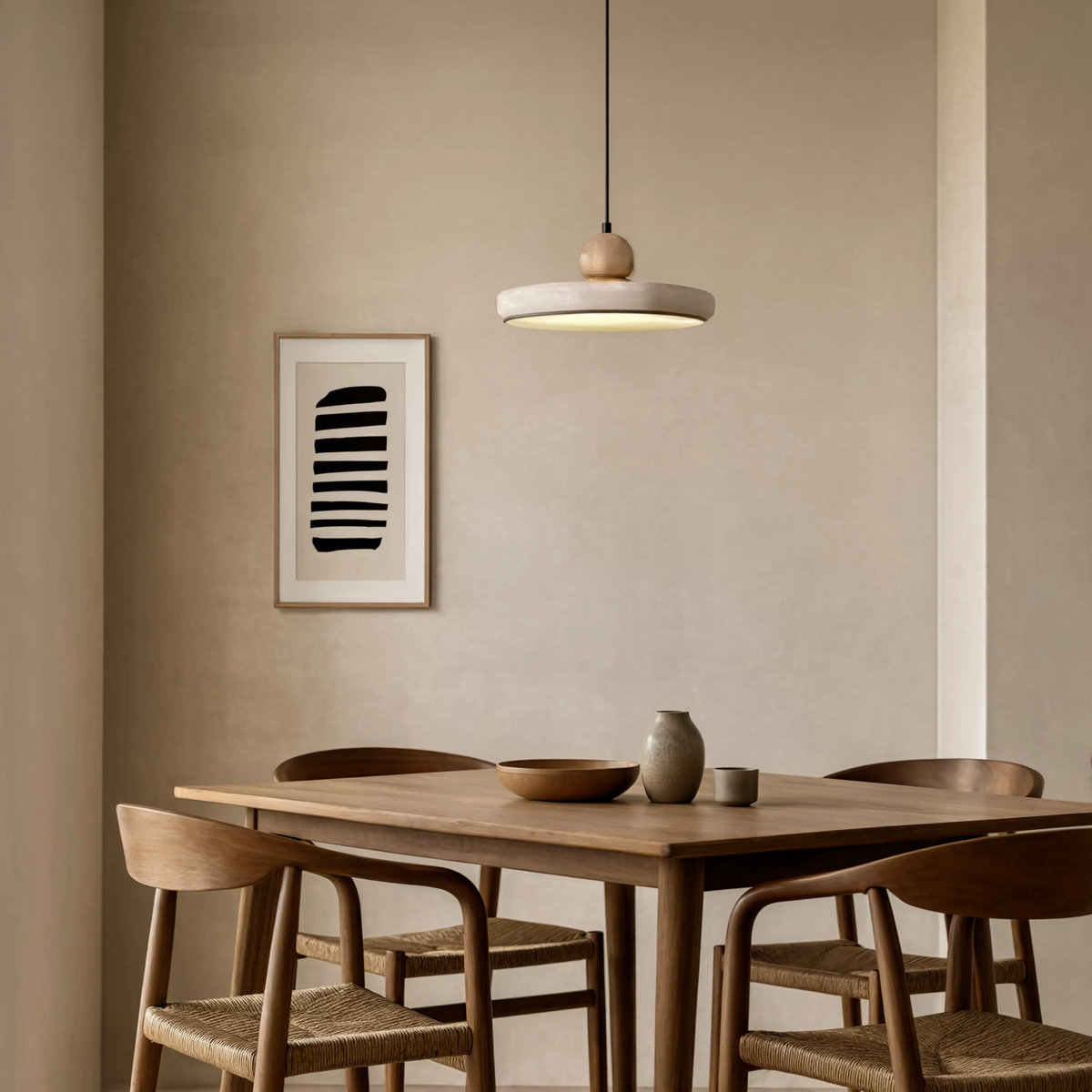 Suspension travertin dans un coin repas au style minimaliste