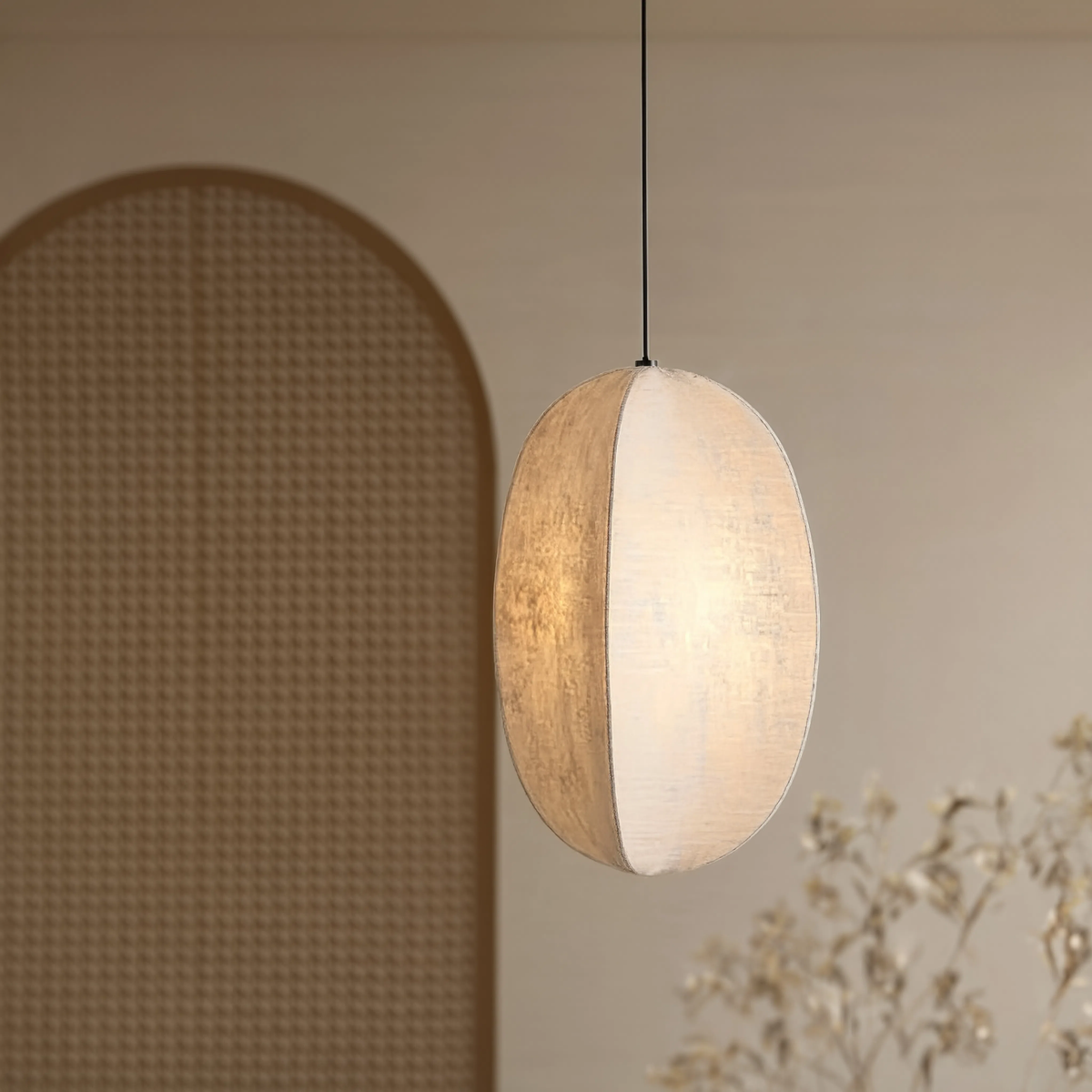 Suspension japonaise ovale tissu texturé, vue unique réaliste