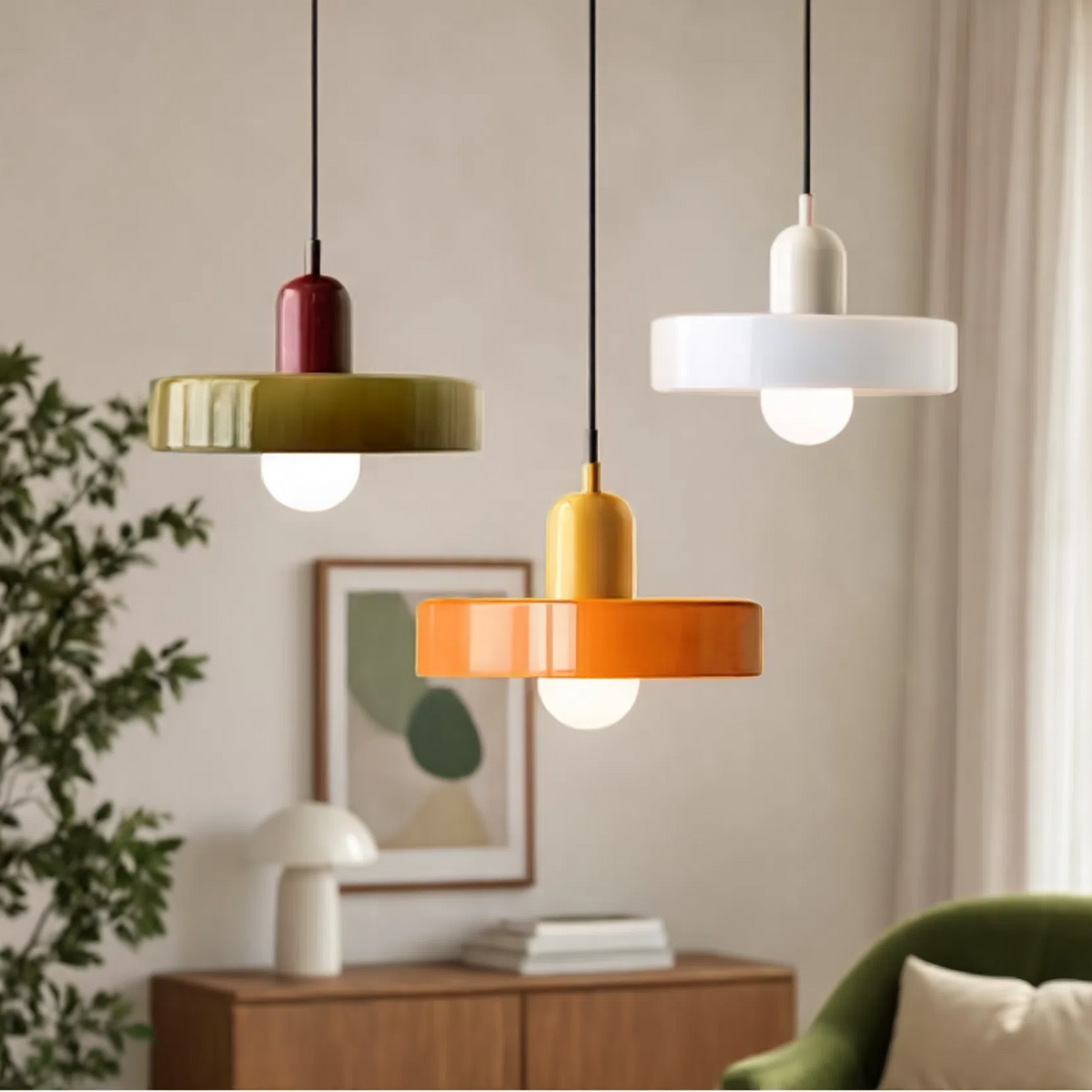 Suspensions Bauhaus modèles orange, olive et blanc, mise en scène