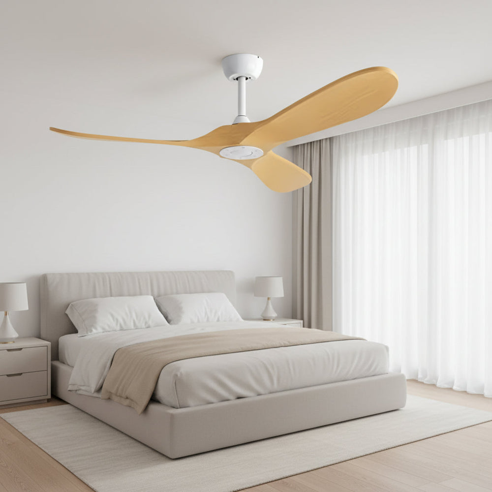 Ventilateur de plafond Eden vintage blanc et bois clair, en chambre