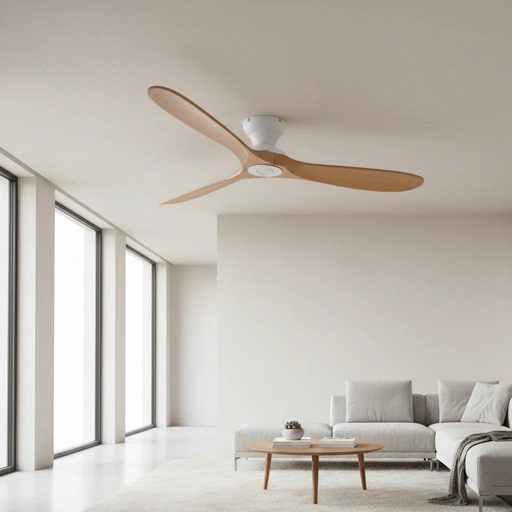 Ventilateur de plafond Vida bois massif blanc et LED, vue produit